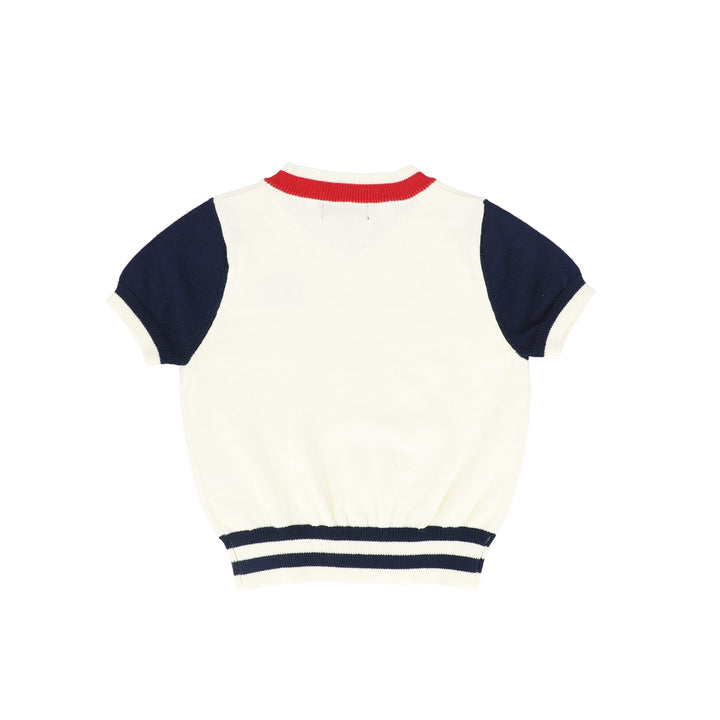 top s/s striped trim sweater - navy/white