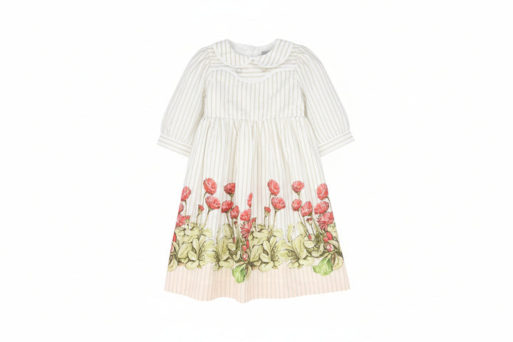 dress 3/4 sleeves striped floral bottom with collar - white/tan