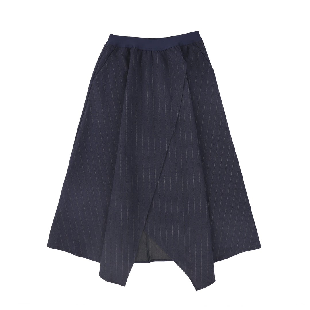 skirt midi wool pinstriped wrap look - navy