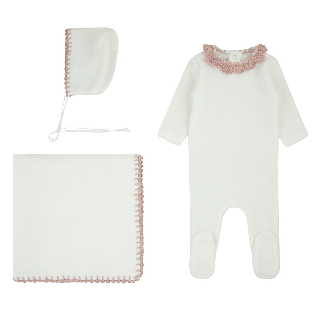 set footie velour crochet collar with bonnet and blanket - milk/mauve