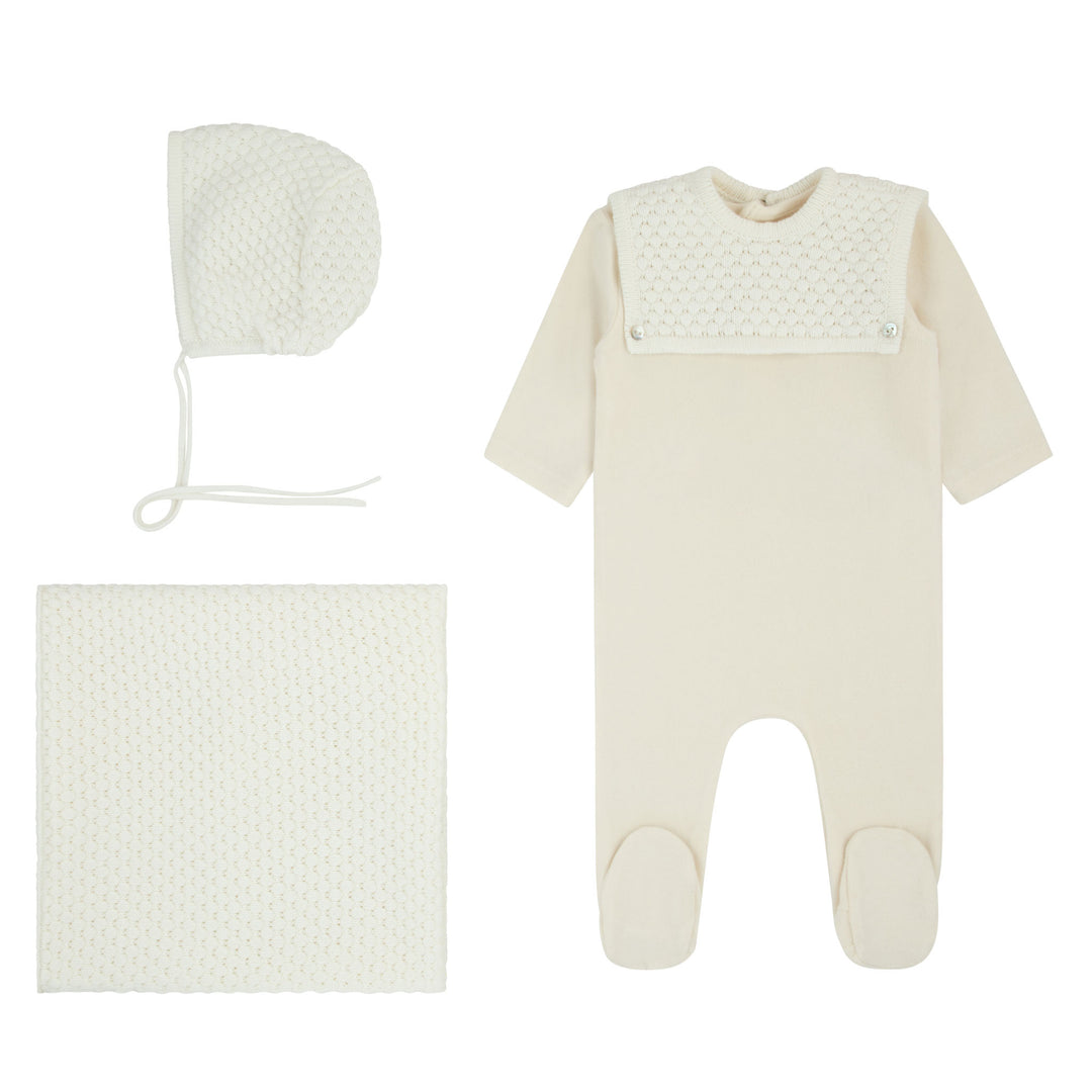 set footie velour with knit bib, bonnet and blanket - ivory