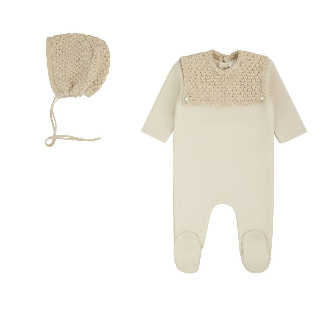 footie velour with knit bib with bonnet - mauve/mauve