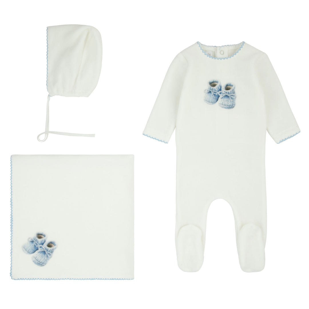 set footie velour booties with bonnet and blanket - milk/blue