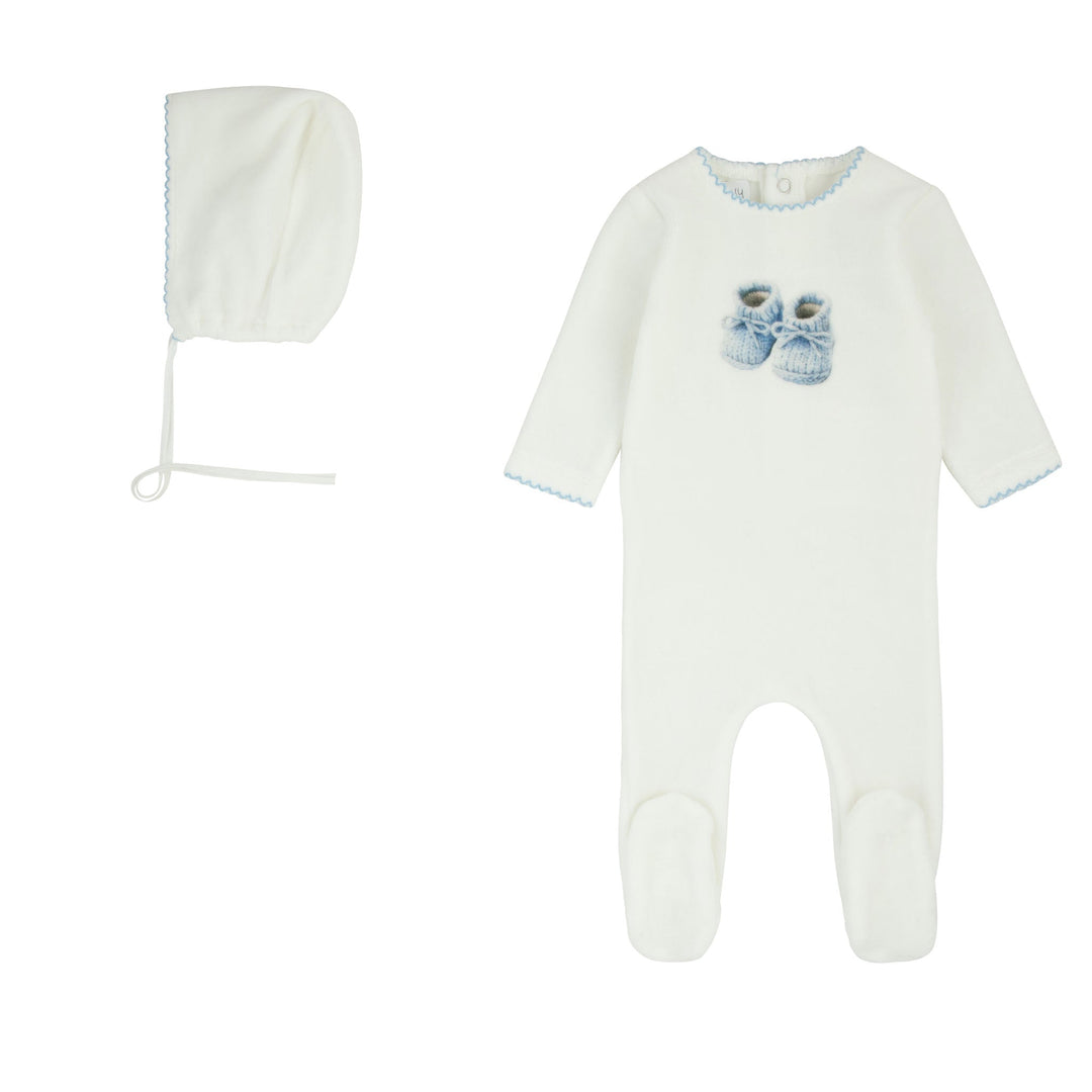 footie velour booties with bonnet - milk/blue