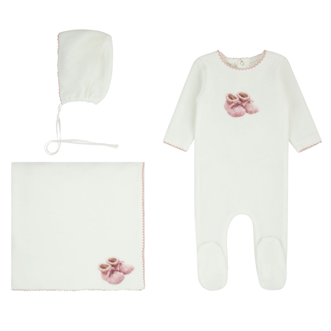 set footie velour booties with bonnet and blanket - milk/mauve