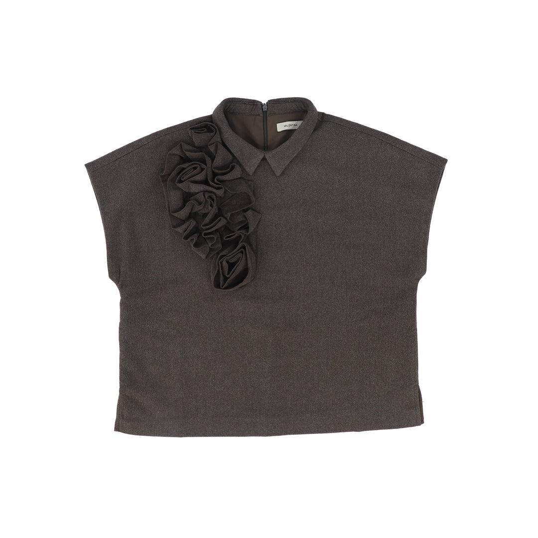 vest cropped wool flower detail with collar - brown