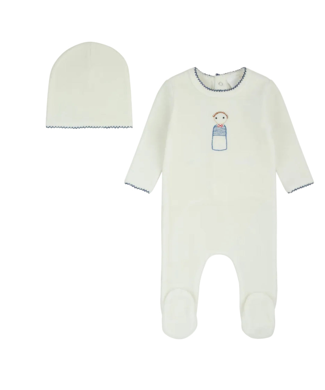 footie velour embroidery boy with hat - ivory/blue