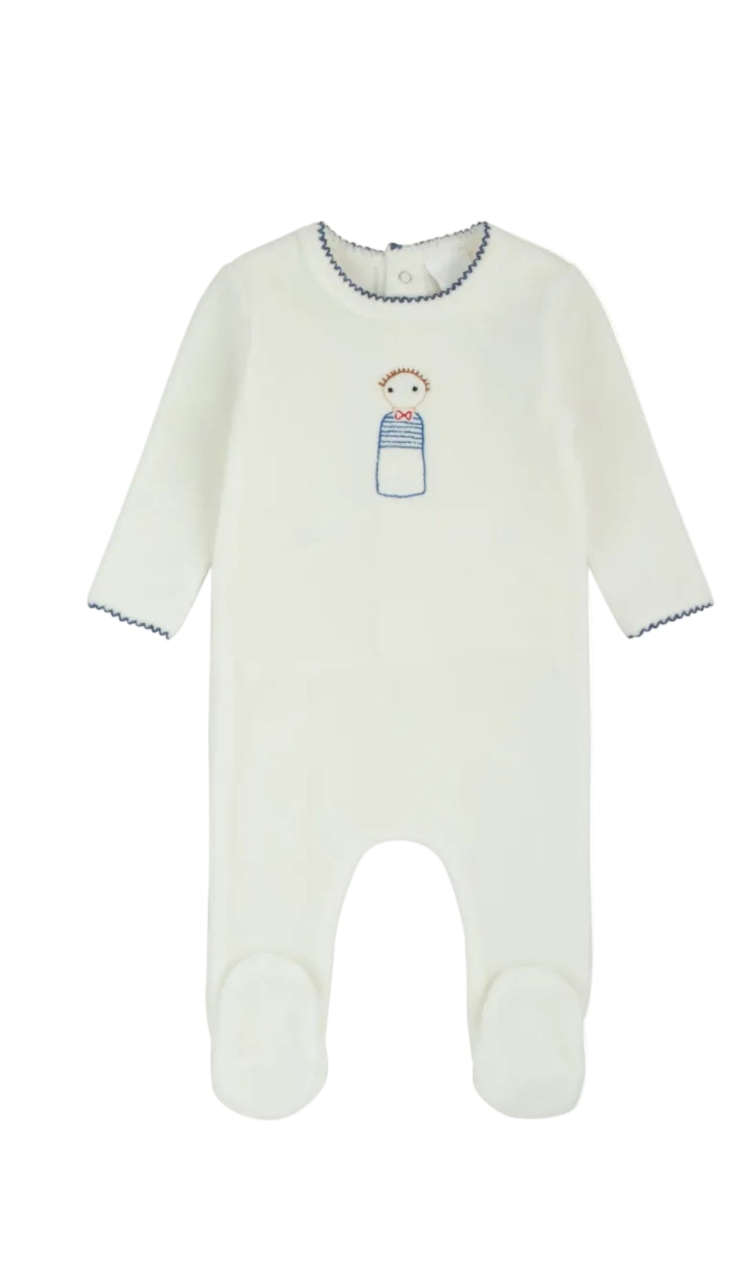 footie velour embroidery boy - ivory/blue