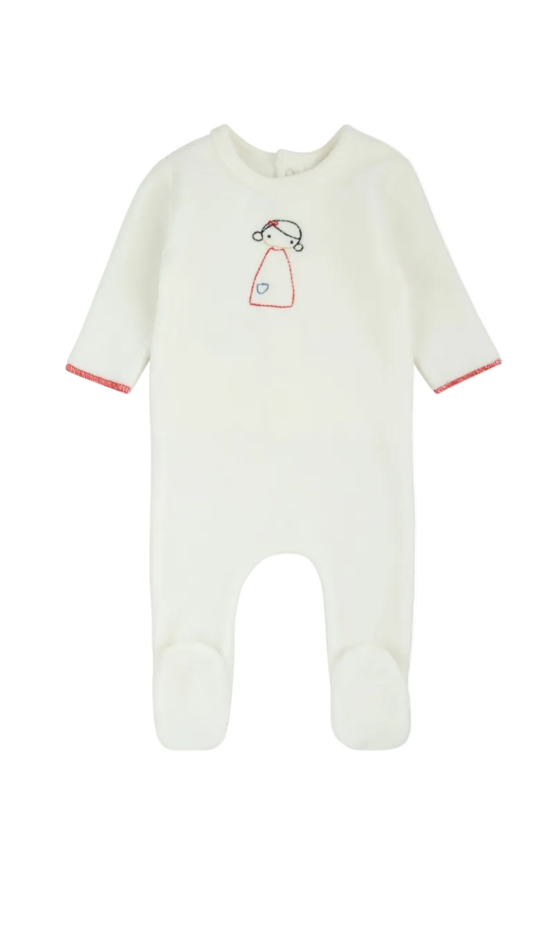 footie velour embroidery girl - ivory/red