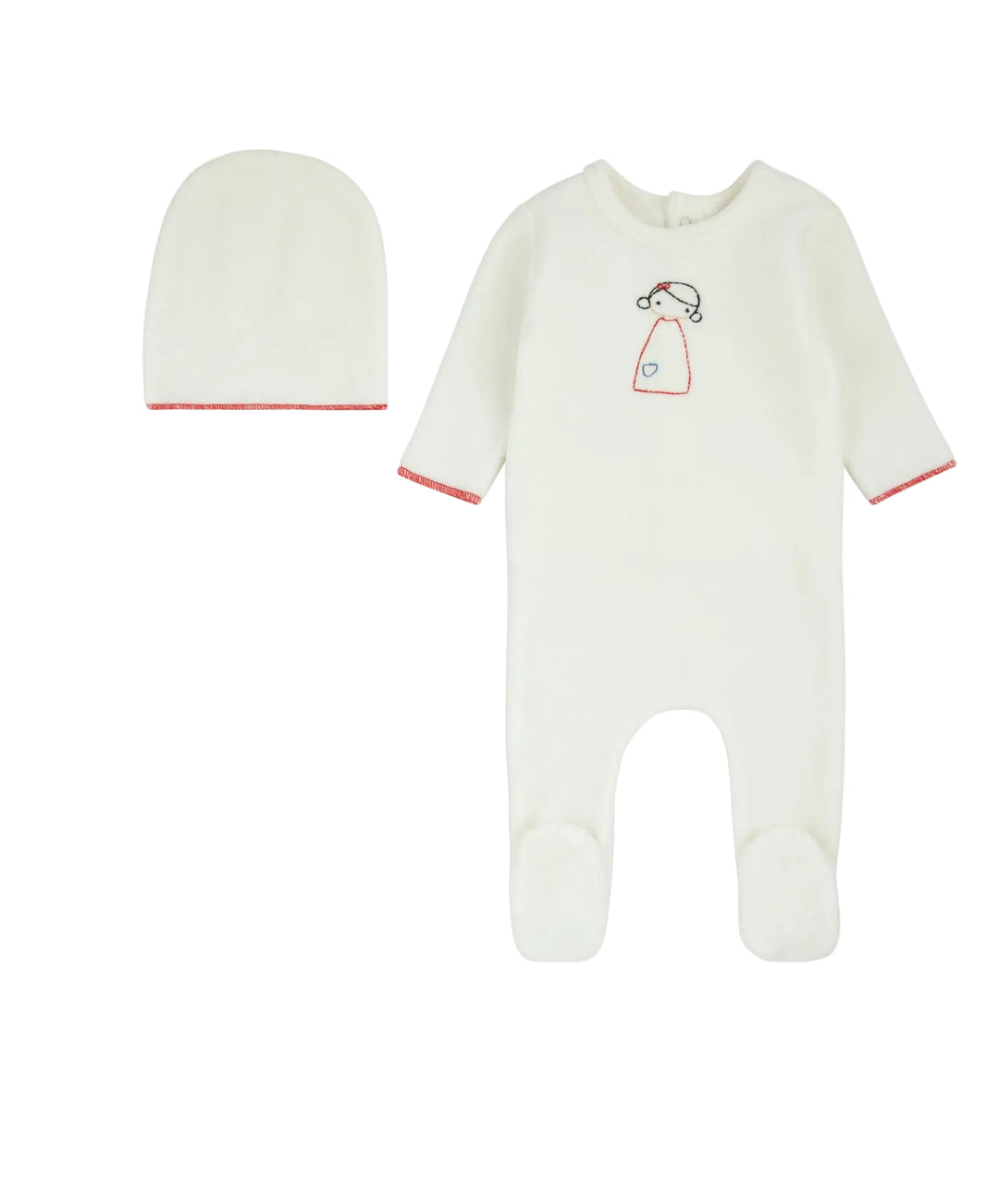 footie velour embroidery girl with hat - ivory/red