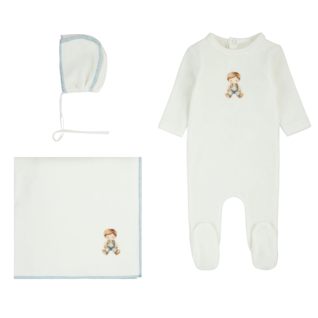 set footie velour print doll with bonnet and blanket - milk/blue