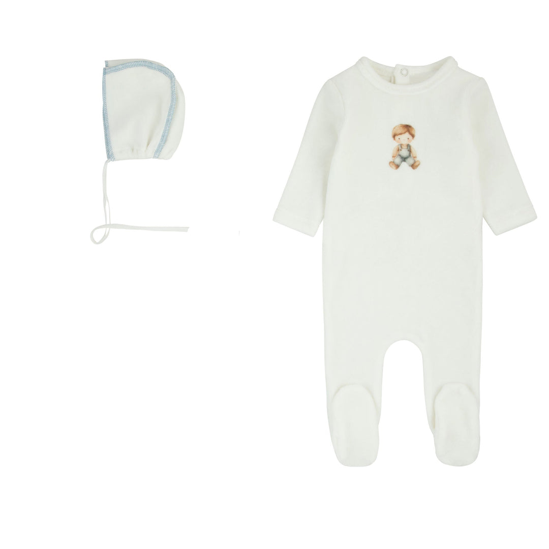 footie velour print doll with bonnet - milk/blue