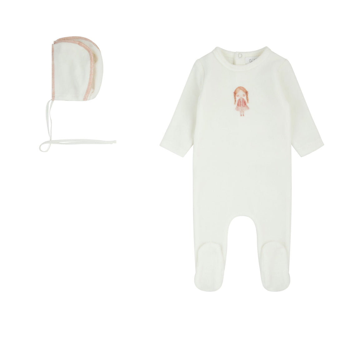 footie velour print doll with bonnet - milk/mauve