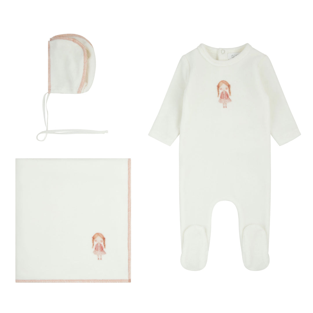 set footie velour print doll with bonnet and blanket - milk/mauve
