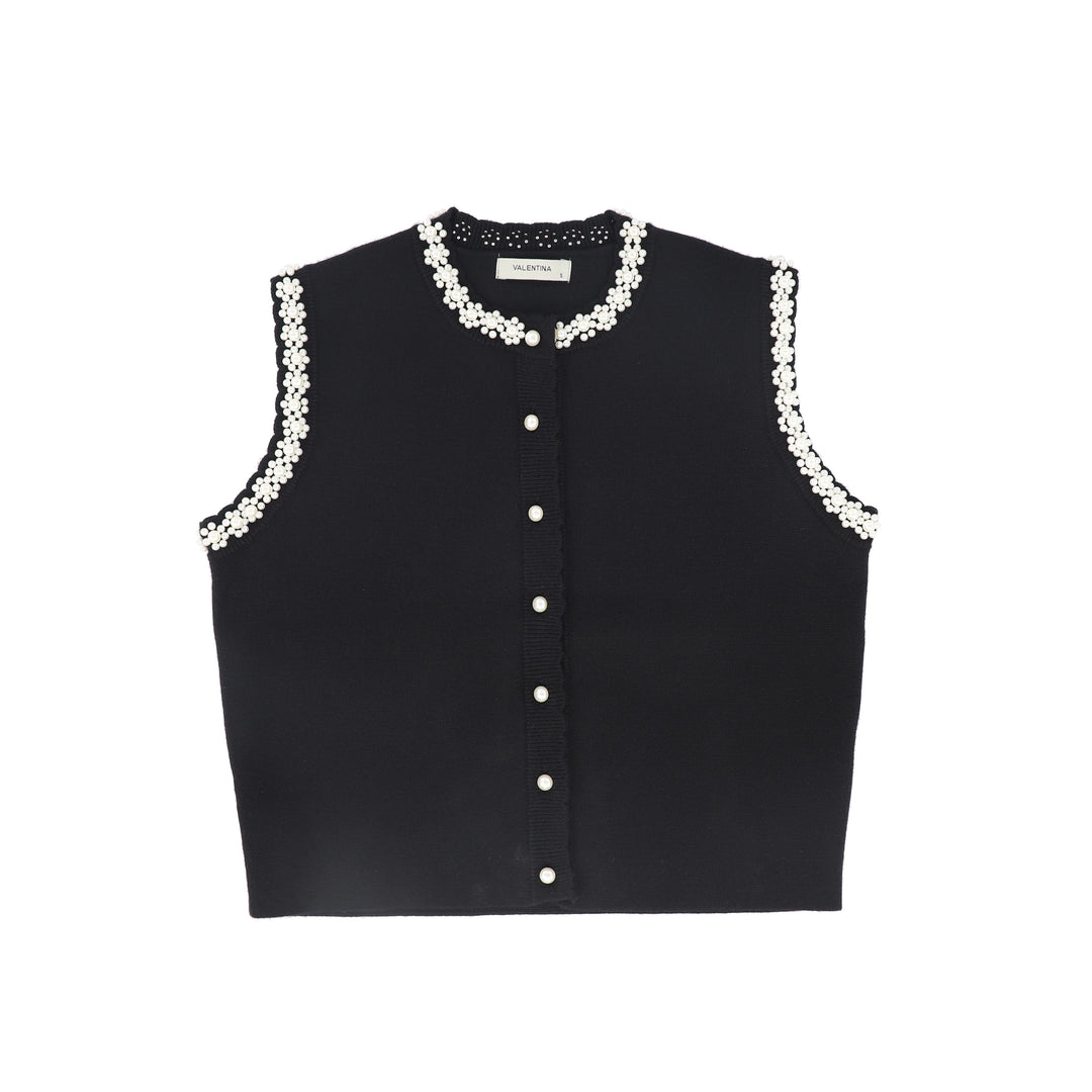 vest knit pearl trim button up - black