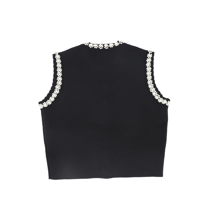 vest knit pearl trim button up - black