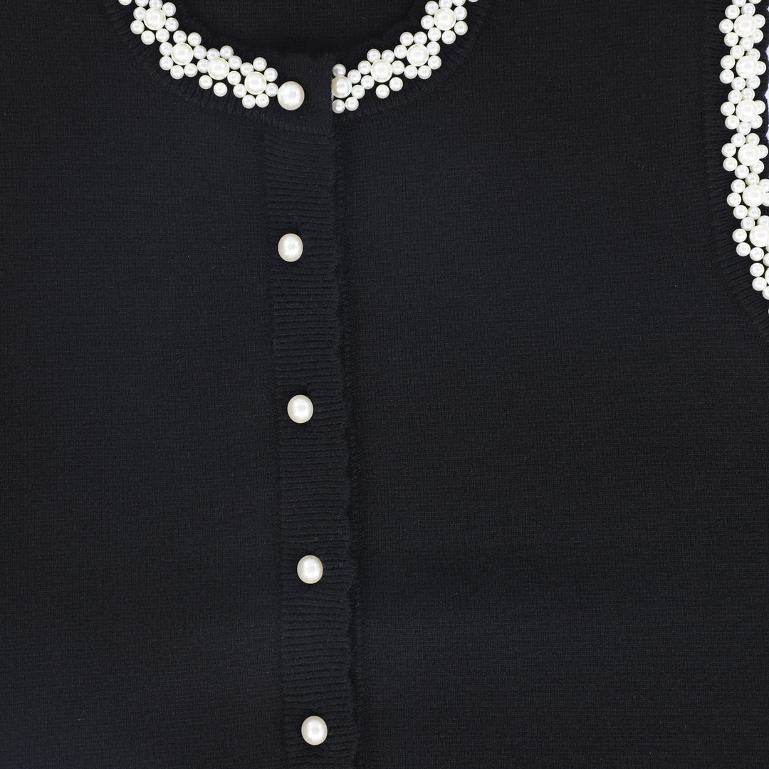 vest knit pearl trim button up - black