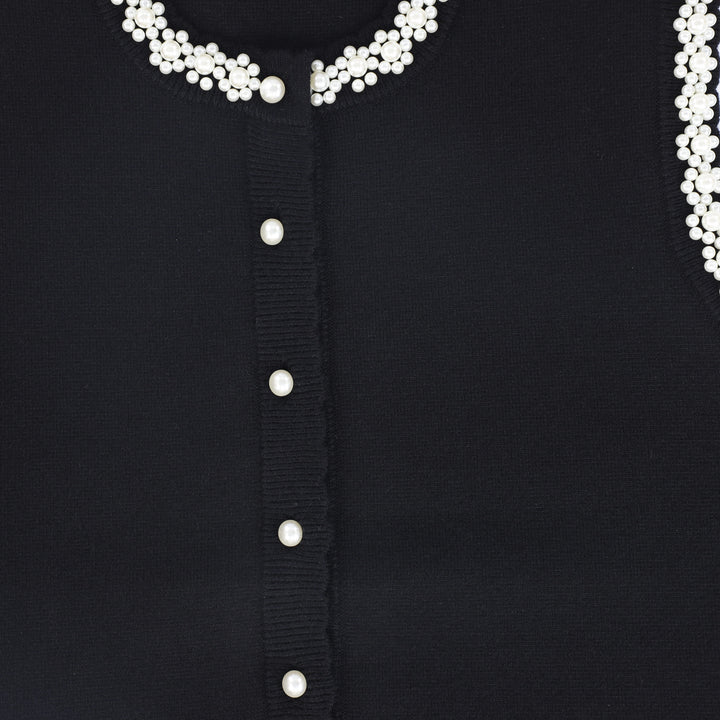 vest knit pearl trim button up - black
