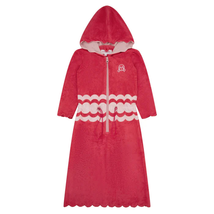 bathrobe scalloped detail terry half zip with hood - hot pink