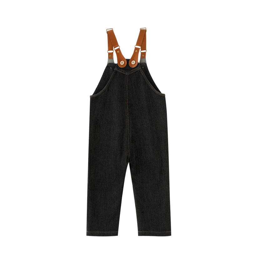 one piece overall with center pocket - black denim