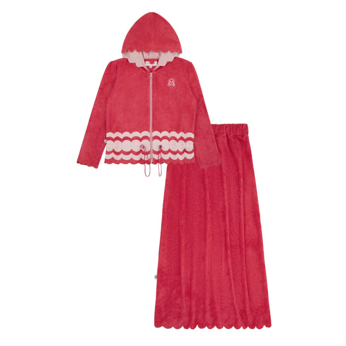 bathrobe 2 pc scalloped detail terry zip up and skirt - hot pink