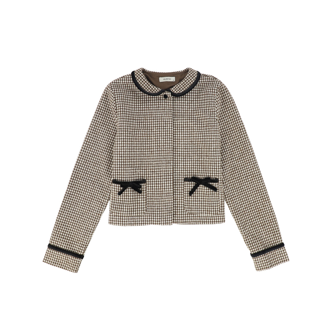 blazer wool checkered velour detail with bow - brown