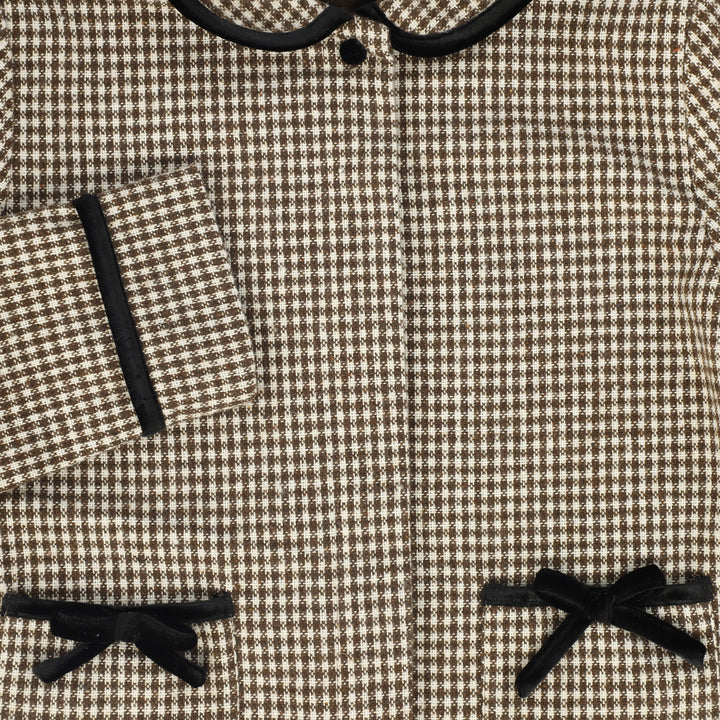 blazer wool checkered velour detail with bow - brown