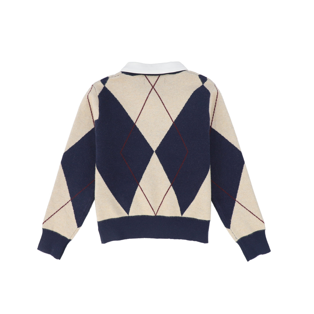 top l/s argyle knit collared sweater - navy