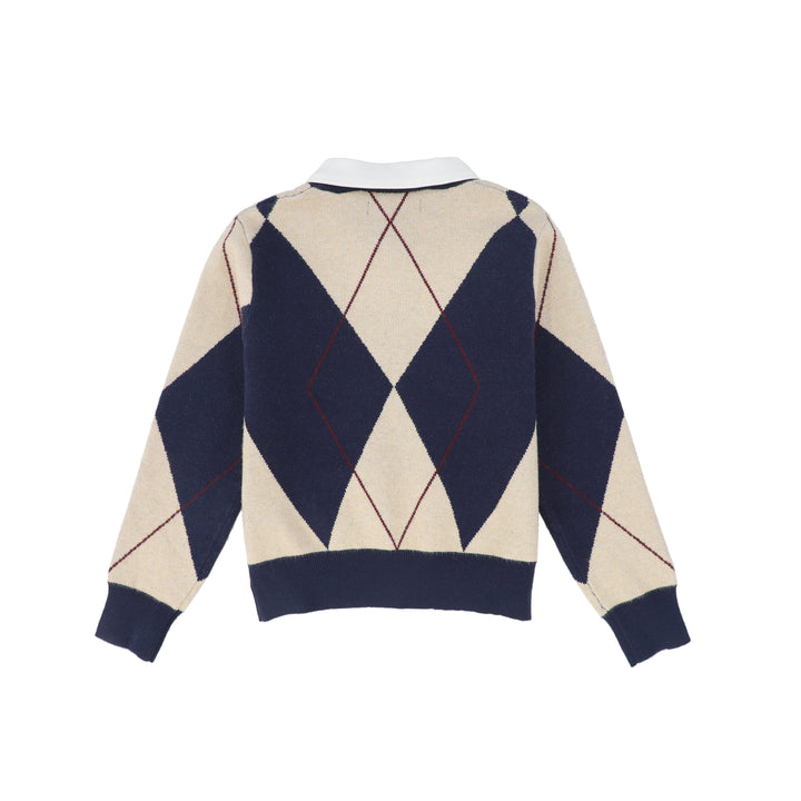 top l/s argyle knit collared sweater - navy
