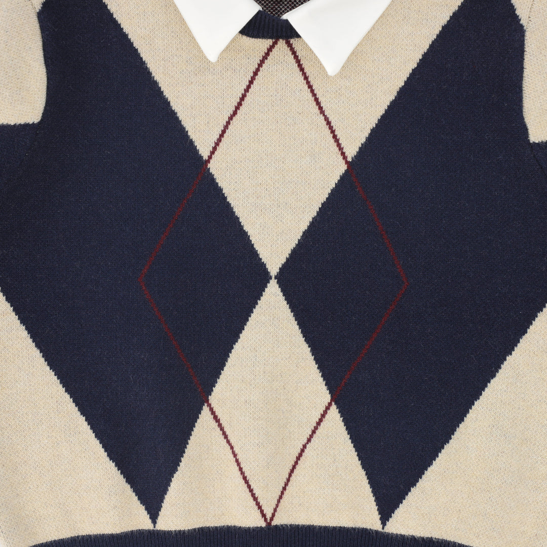 top l/s argyle knit collared sweater - navy