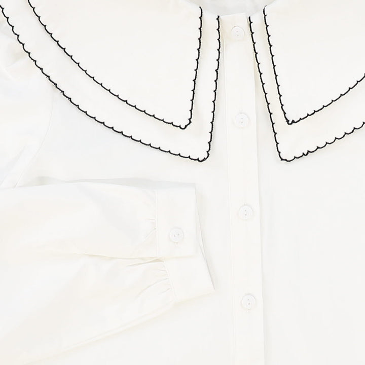 shirt l/s scalloped large double collar blouse - white