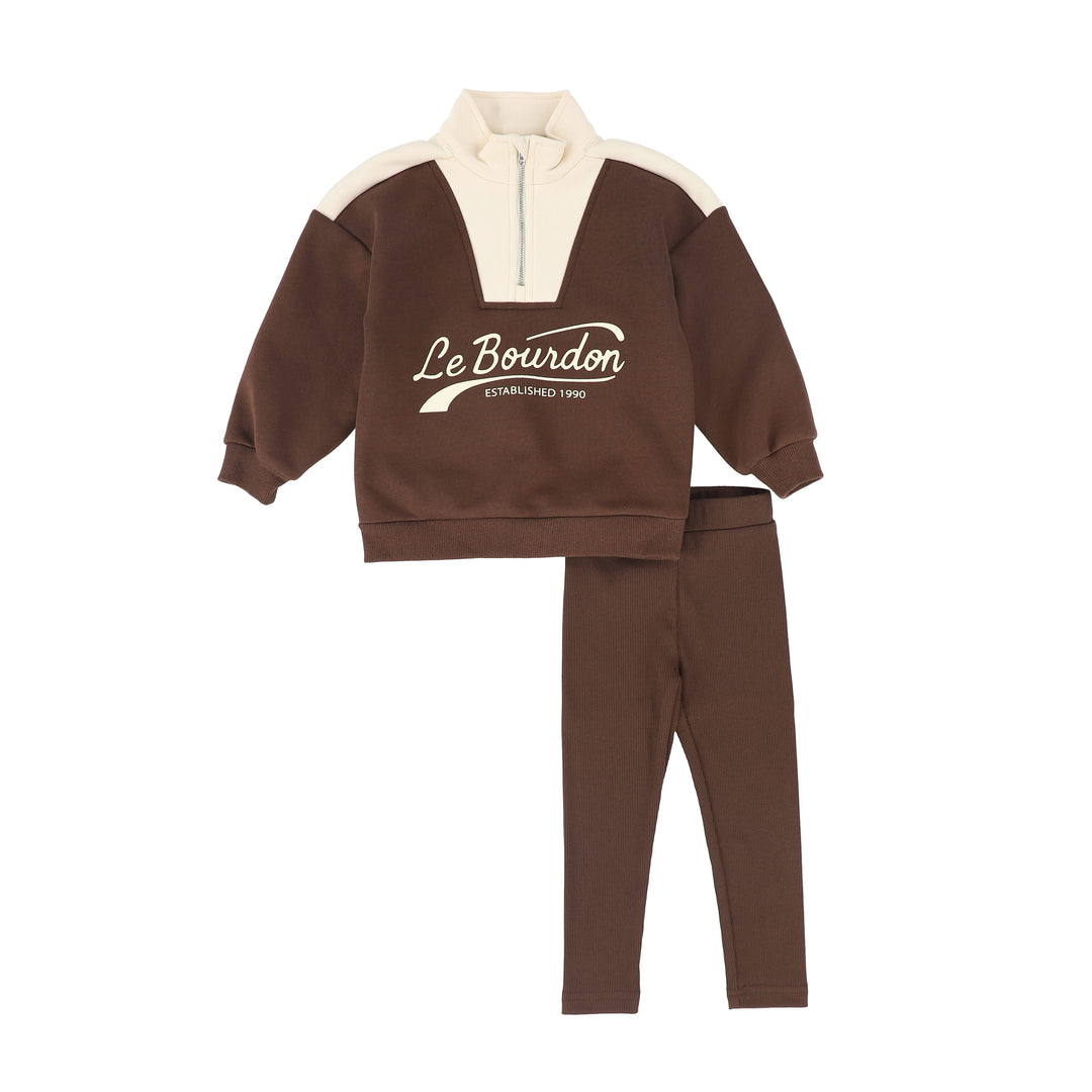 set outfit logo quarter zip sweatshirt and leggings - brown