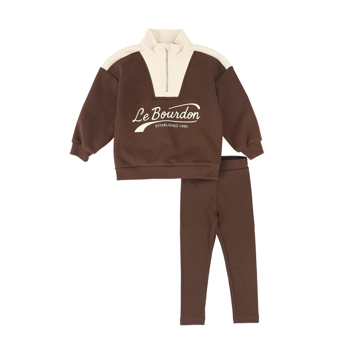 set outfit logo quarter zip sweatshirt and leggings - brown