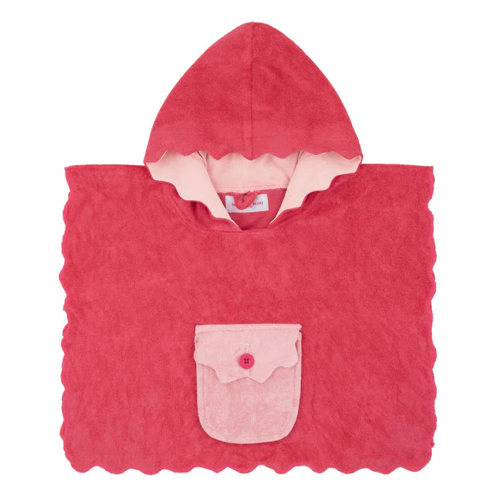 bathrobe scalloped edge terry poncho with pocket - hot pink