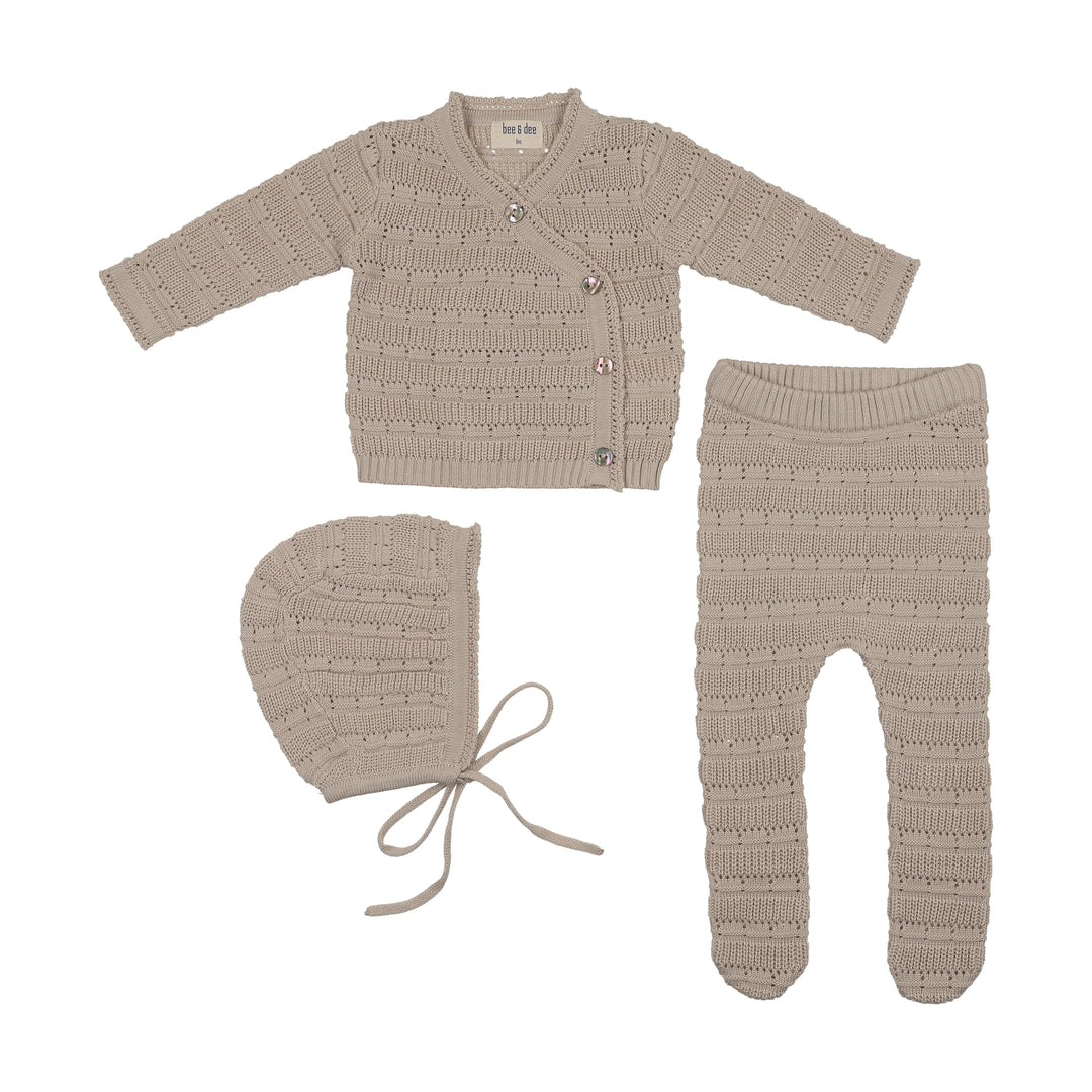set knit stripe wrap sweater and footie pants with bonnet and blanket - coffee