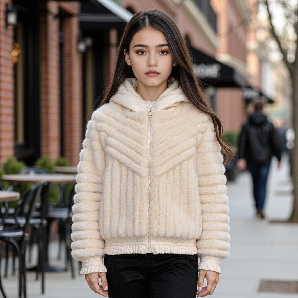 coat diagnal fur with hood - ivory