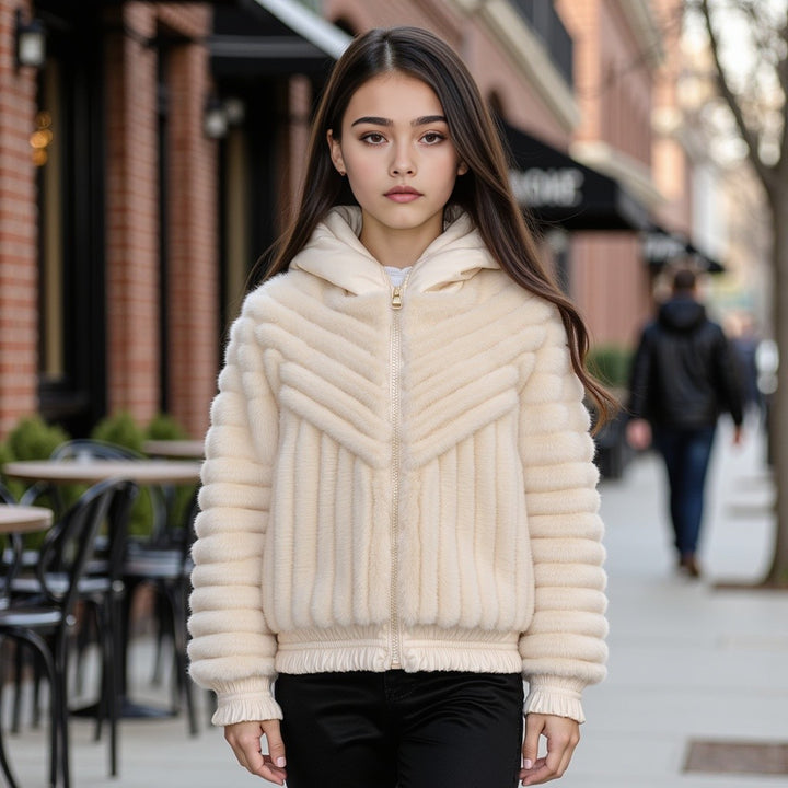 coat diagnal fur with hood - ivory