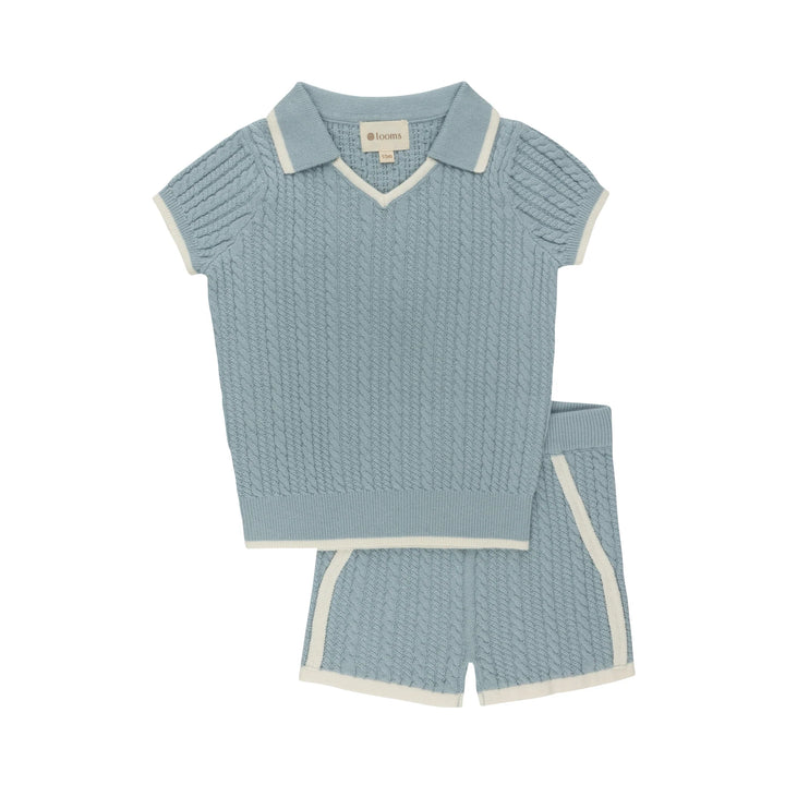 set outfit knit cable trim polo and shorts - blue/ivory
