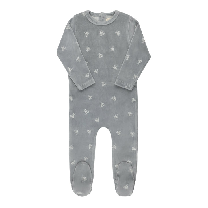 footie velour leaf print - blue