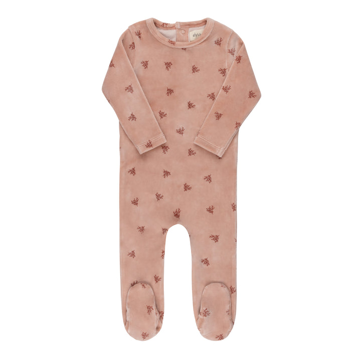 footie velour leaf print - pink