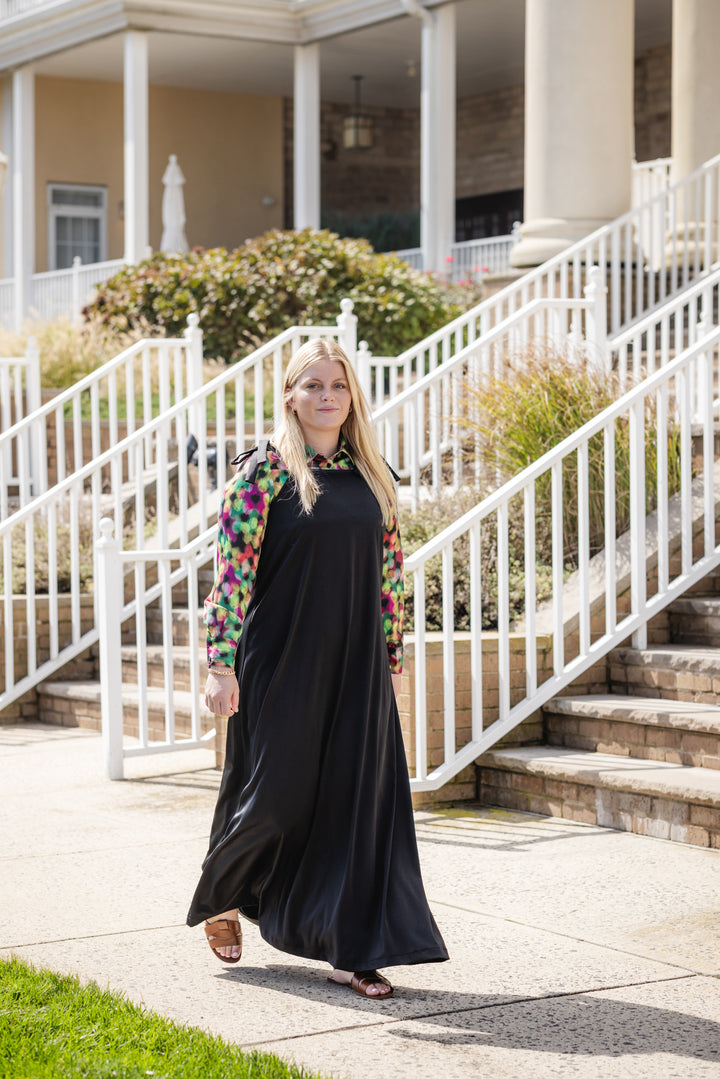 maxi dress bow tie jumper with printed silk shirt - black/floral