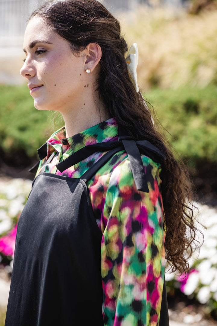 maxi dress bow tie jumper with printed silk shirt - black/floral