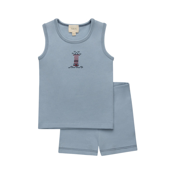 set outfit cross stitch lighthouse tank and shorts - blue