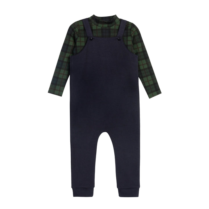 set outfit plaid mockneck onesie and long overalls - navy