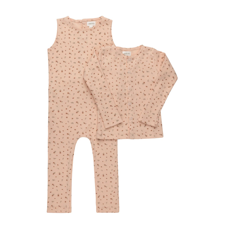 set outfit floral rib cardigan and sleeveless romper - pink