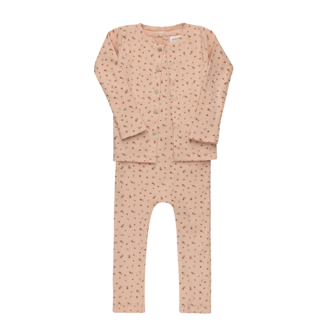 set outfit floral rib cardigan and sleeveless romper - pink