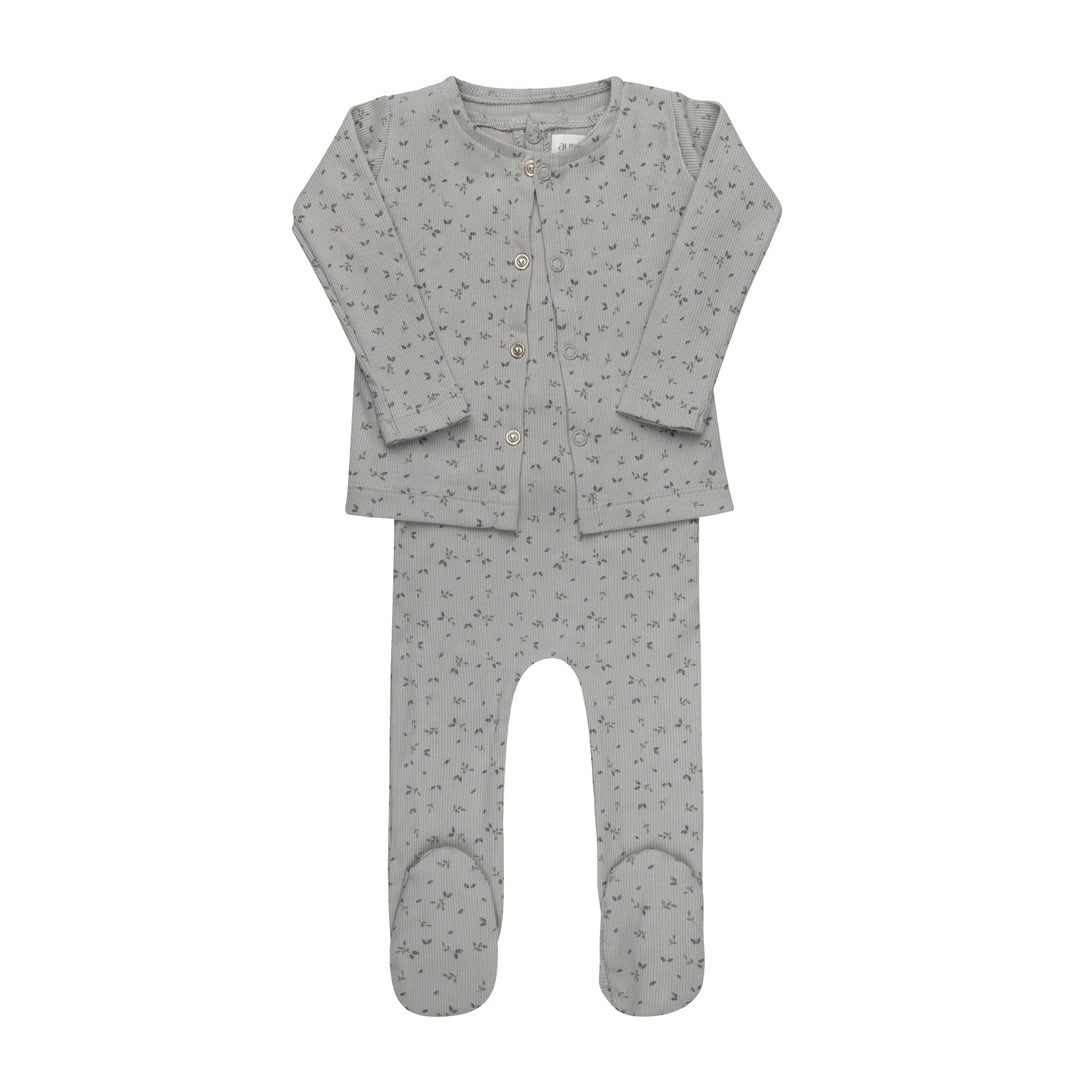 set outfit floral rib cardigan and sleeveless romper - blue