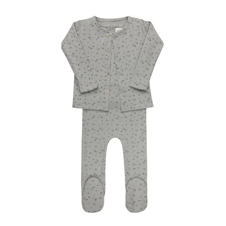 set outfit floral rib cardigan and sleeveless romper - blue