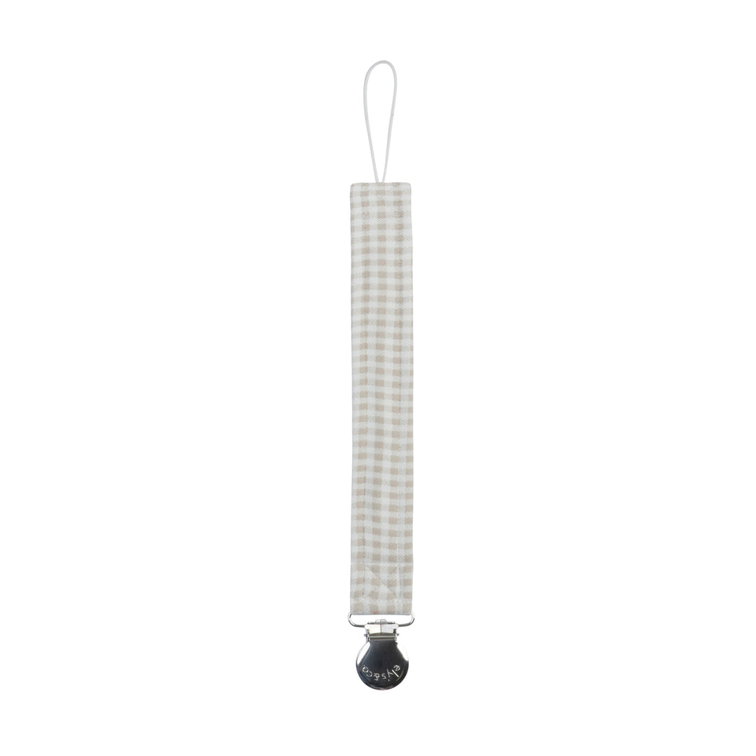 pacifier clip gingham teddy - tan