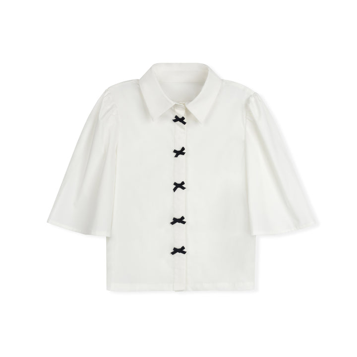 shirt l/s navy bow button blouse - white